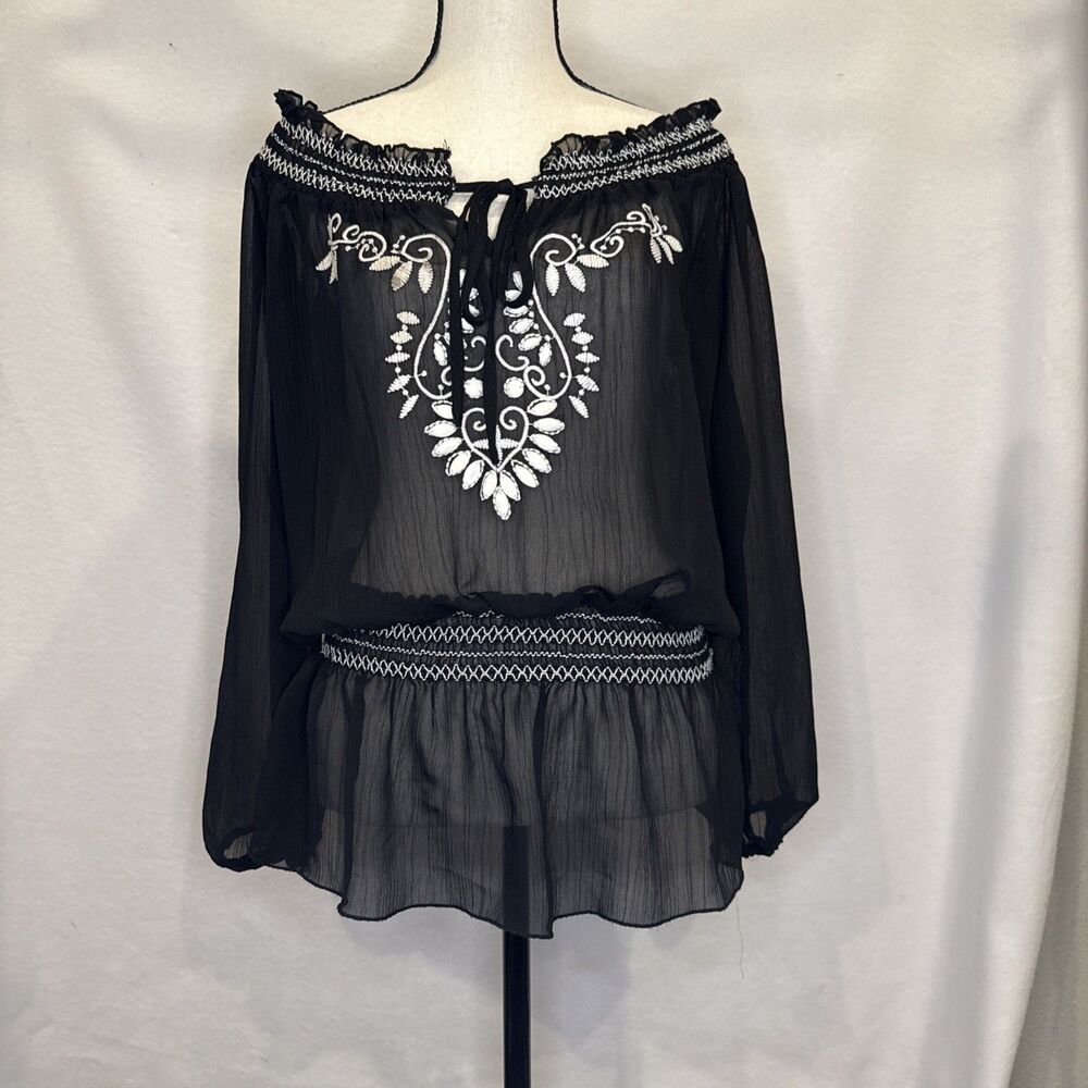 Charming Charlie Boho Sheer Embroidered Top M Black Peasant Smocked Waist Blouse